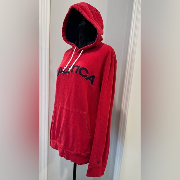 NAUTICA Red LOGO Pullover HOODIE Men’s Size Large Embroidered Kangaroo Pocket - Picture 4 of 11
